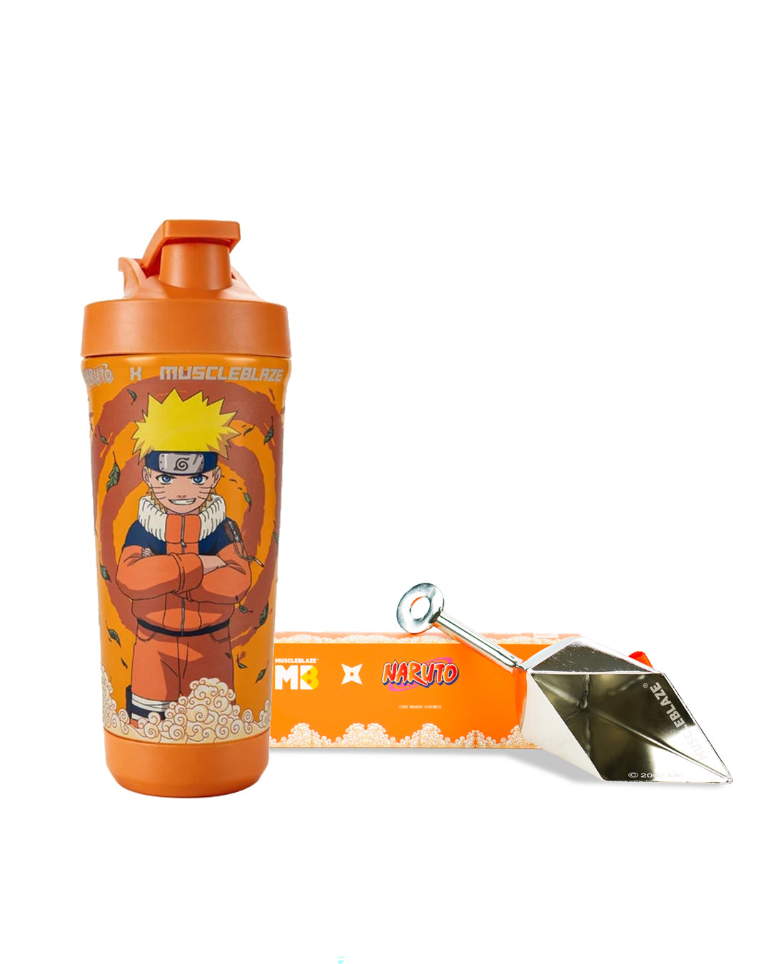 MuscleBlaze x Naruto Legacy Steel Shaker Sasuke Shinobi Orange with Kunai Scoop